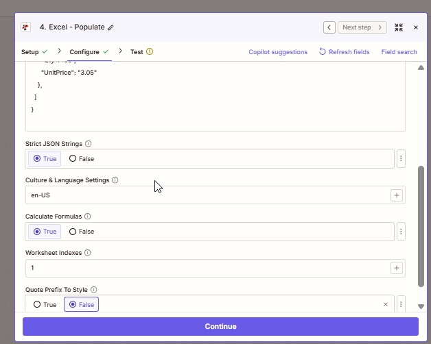 Zapier Excel - Populate Configure tab scrolled down showing Strict JSON Strings True, Culture and Language Settings en-US, Calculate Formulas True, Worksheet Indexes 1, and Quote Prefix To Style False.